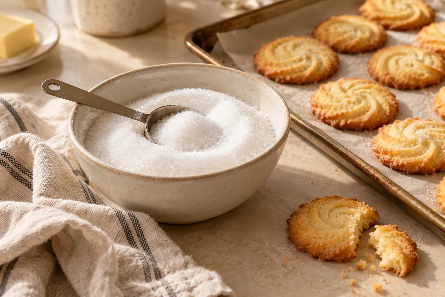 Fine white cane sugar in a ceramic bowl beside freshly baked butter cookies.