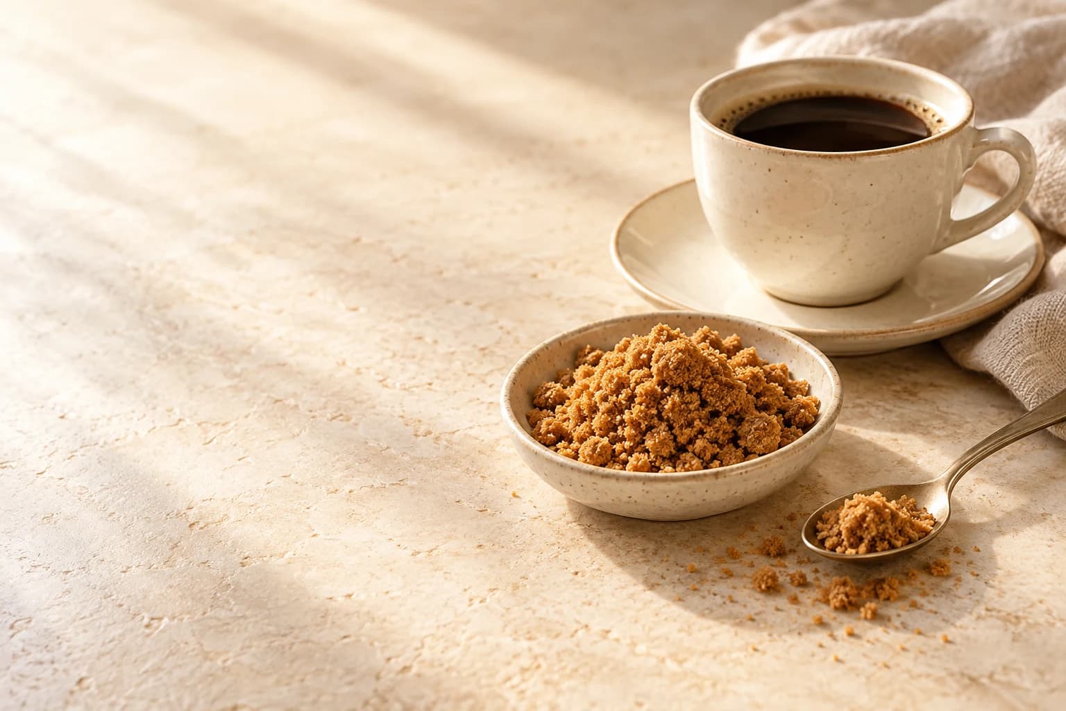 Coffee beside a bowl of caramel brown jaggery and a spoon on a cream stone counter.