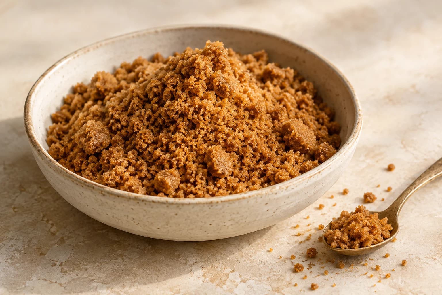 Close-up of crumbly caramel brown jaggery in an ivory ceramic bowl.