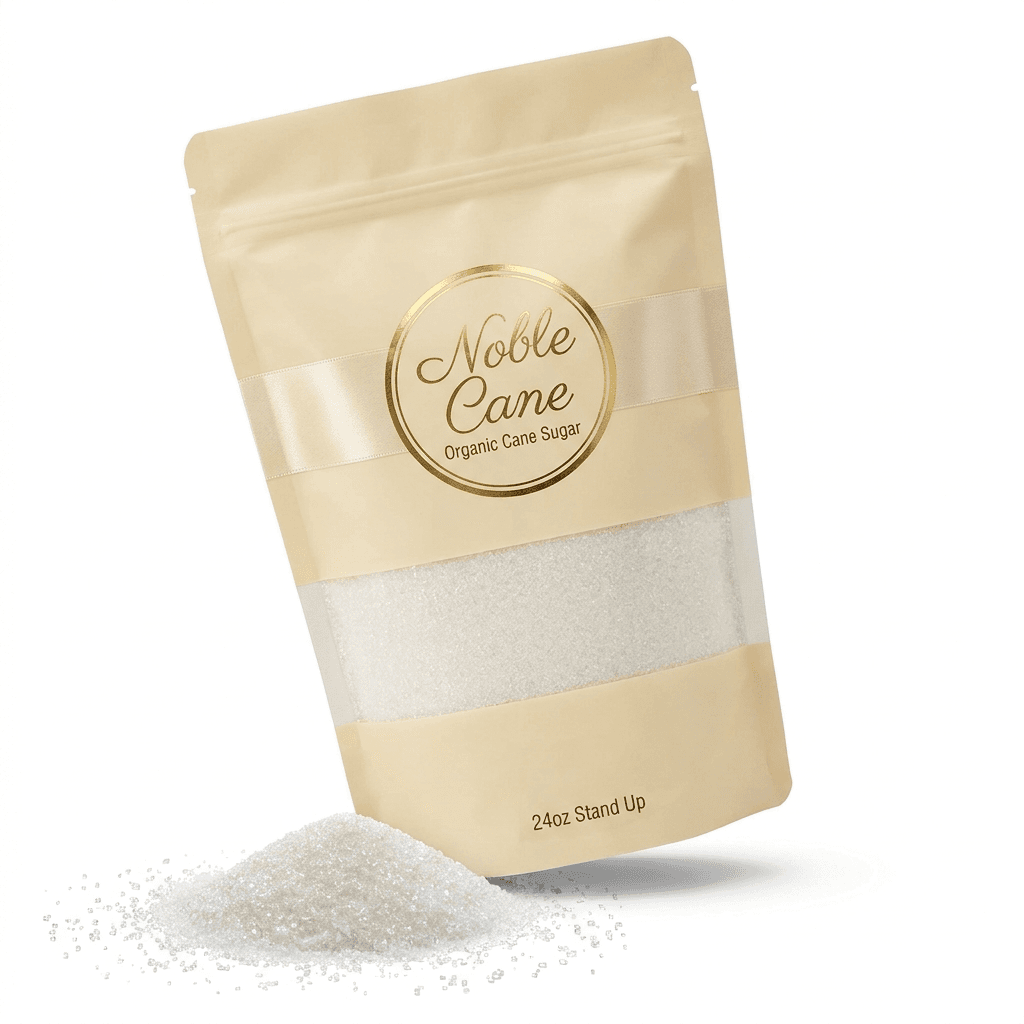 Noble Cane Organic Cane Sugar pouch with loose sugar