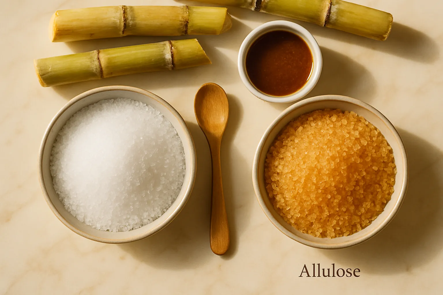 Side by side comparison of allulose vs erythritol sweeteners in white bowls