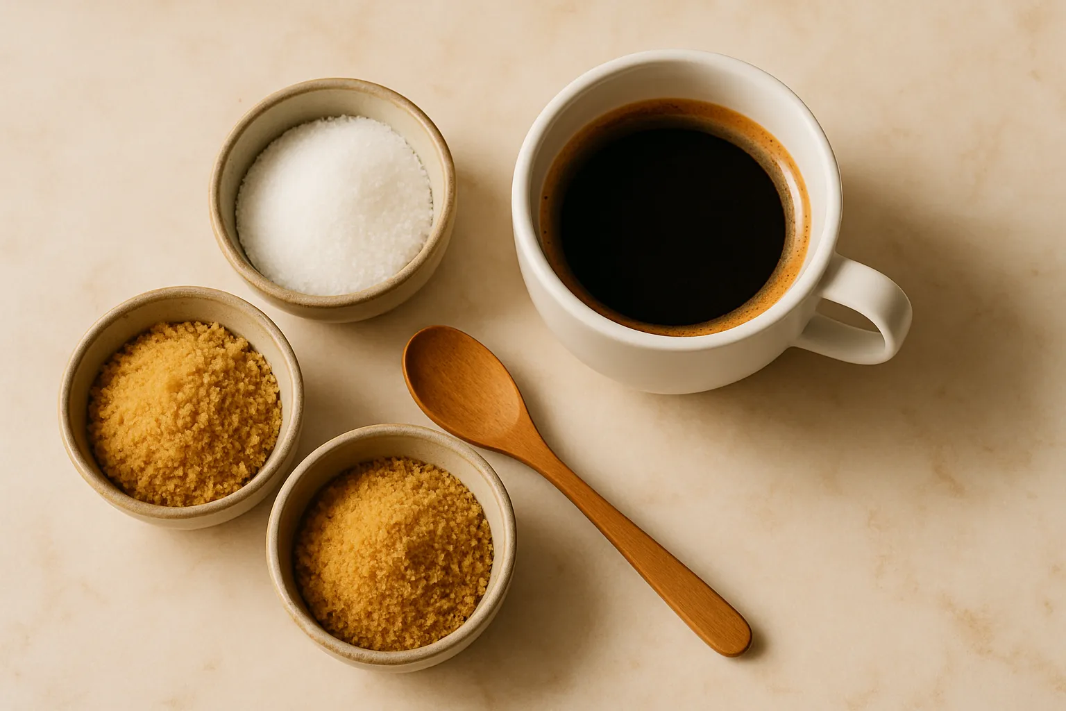 Best sugar for coffee with various sugar types displayed next to coffee cup