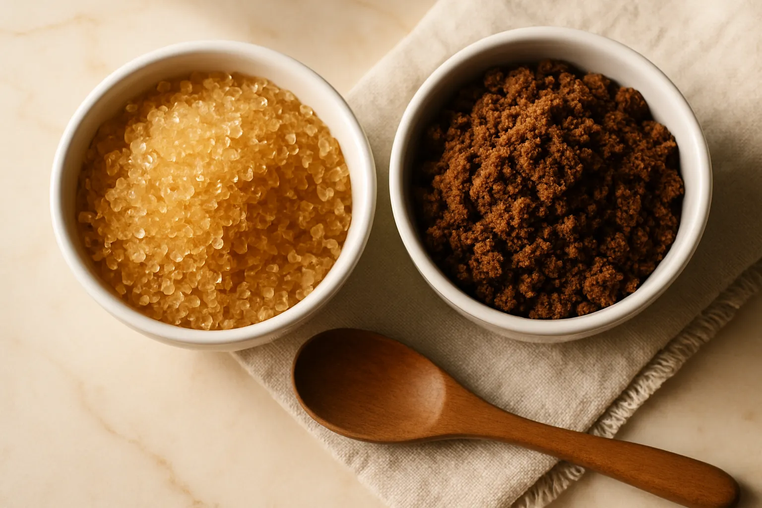 Comparison of demerara sugar and brown sugar showing crystal size and color differences