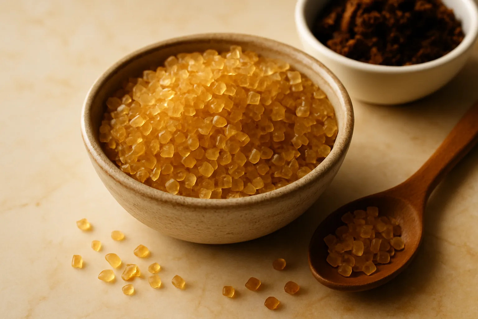 Demerara sugar crystals in wooden spoon showing golden color and coarse texture