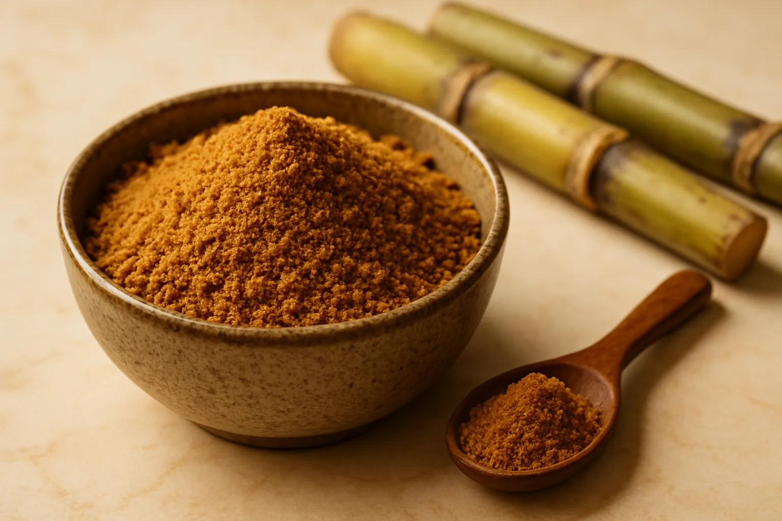 Bowl of fine jaggery powder next to whole cane sugar crystals