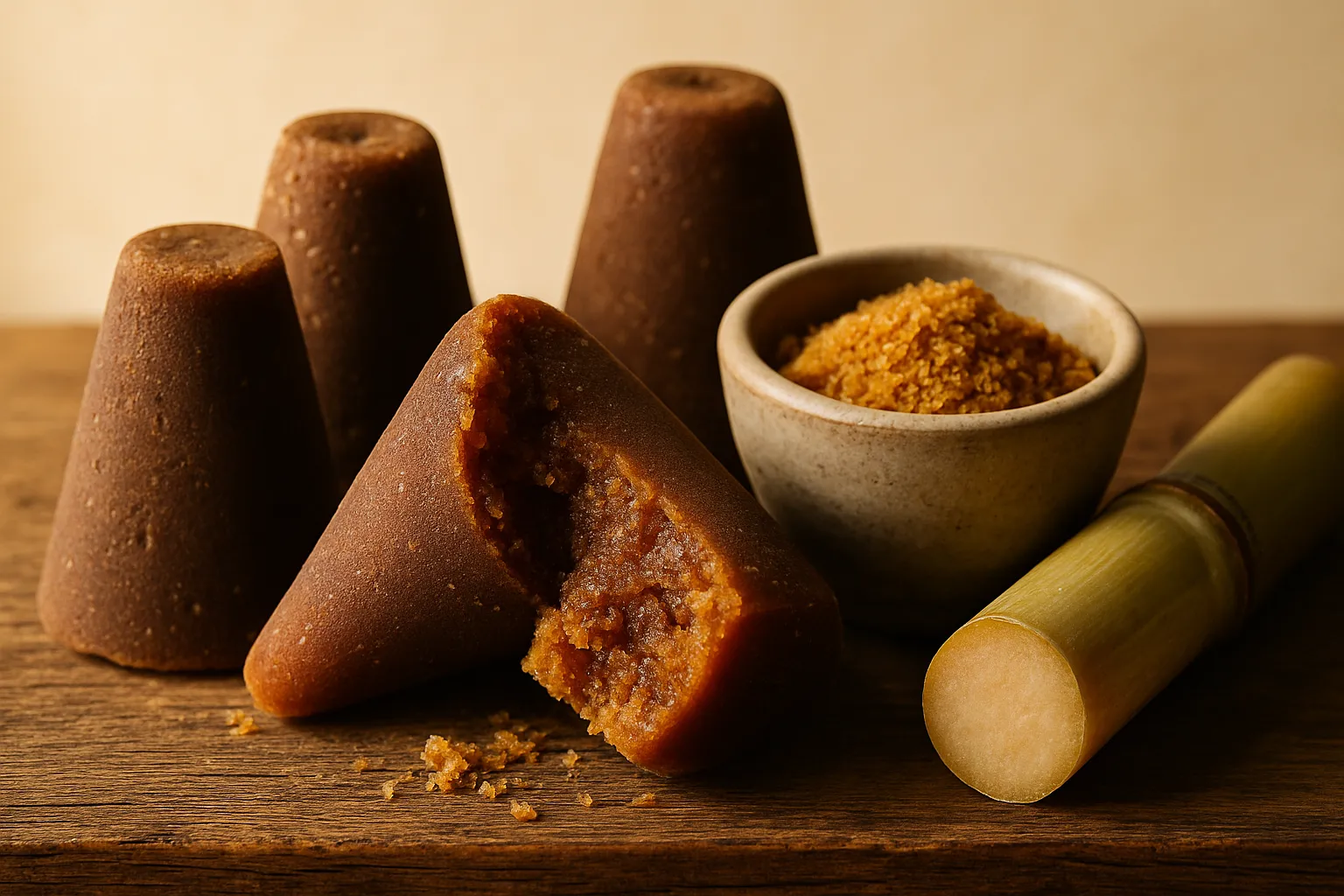 Dark brown piloncillo cones of Mexican unrefined cane sugar