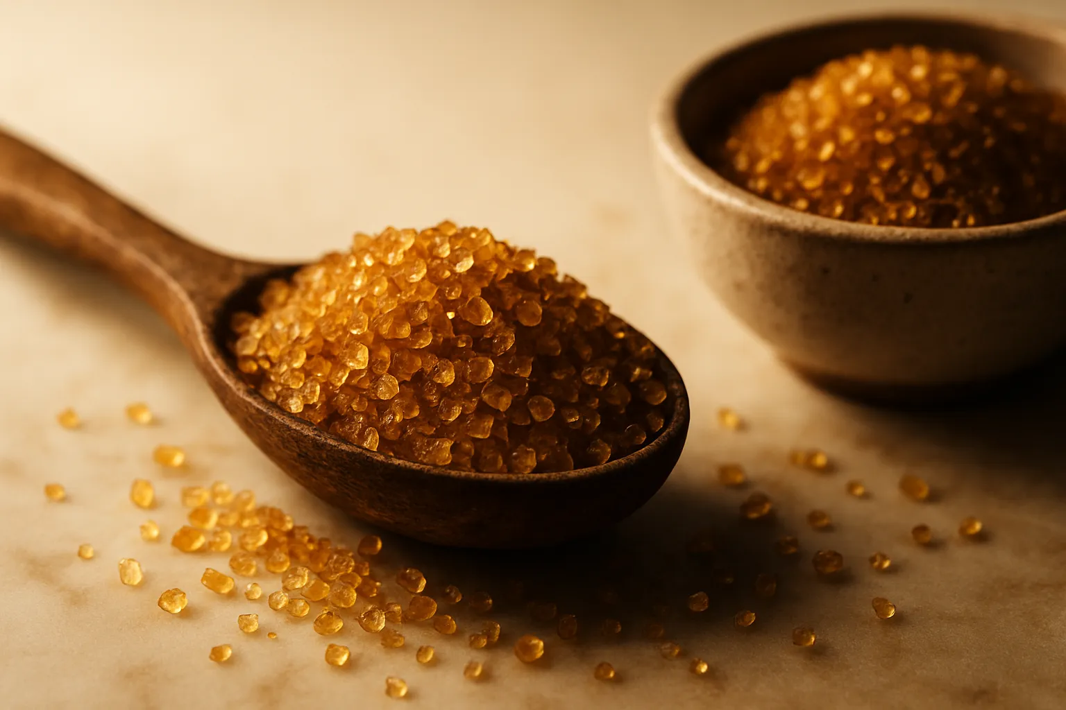 Turbinado sugar crystals showing golden color and coarse texture